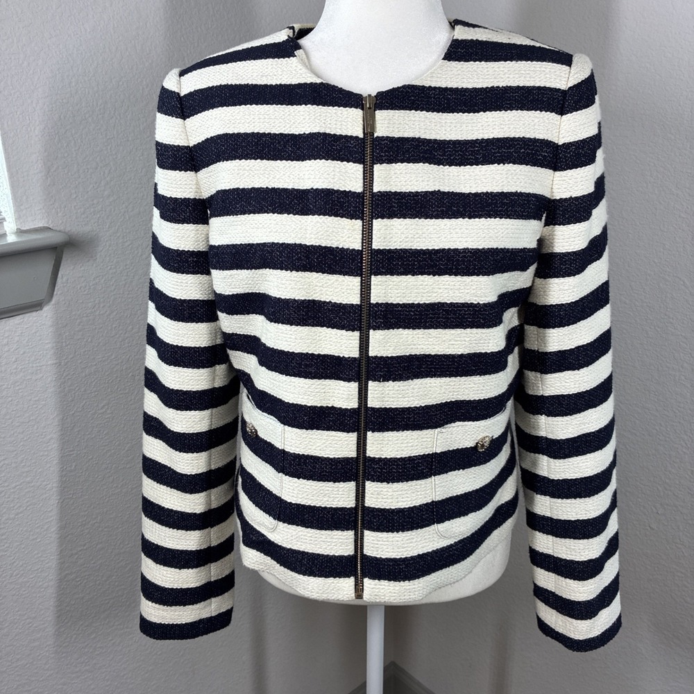 Karl Lagerfeld Paris Women's Striped Blazer Blue White Full Zip Nautical Sailor